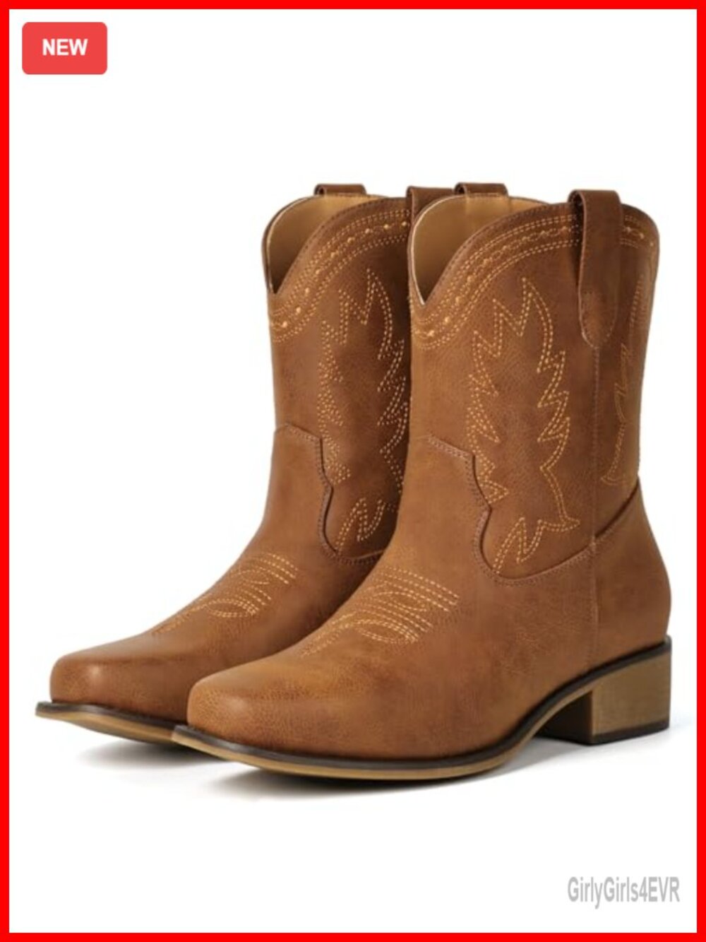 Faux Leather Square Toe Ankle Western Cowgirl Boots Pull-On Low Heel